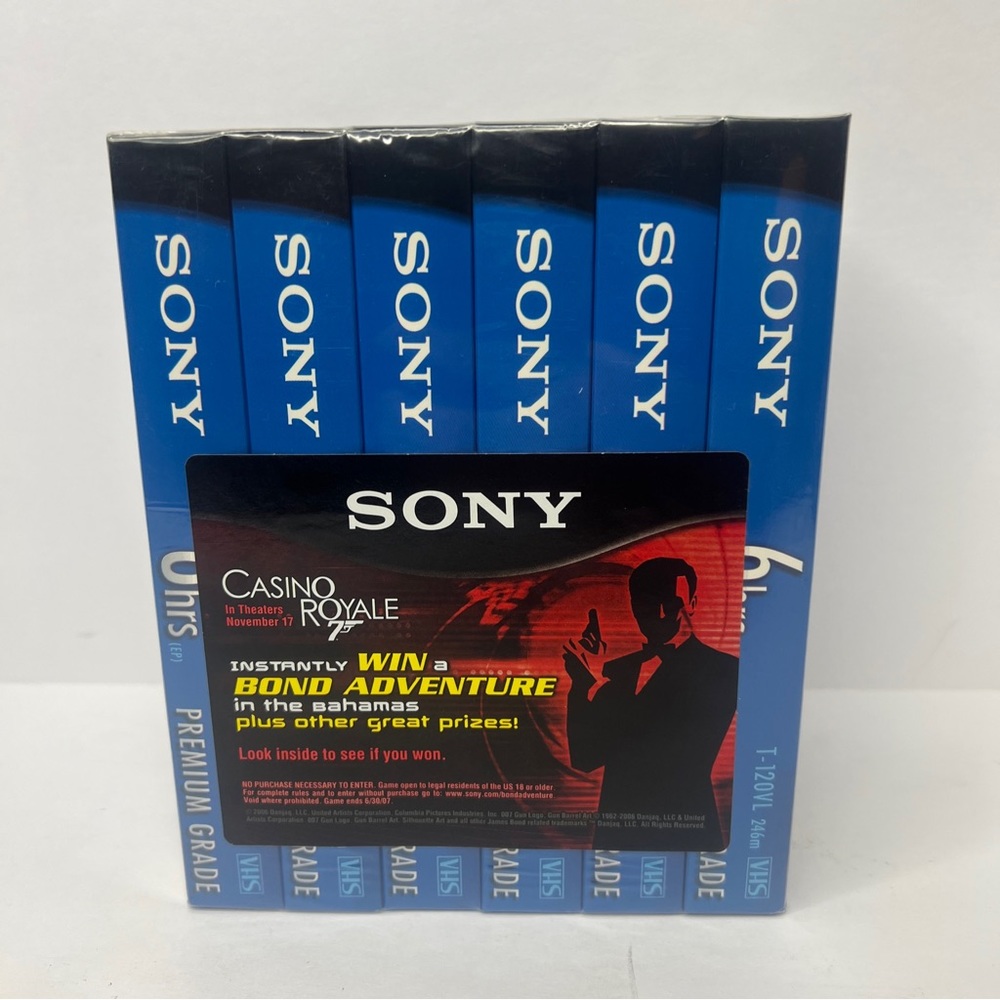 NEW SEALED 6-PK SONY T-120VL 6 hrs Blank VHS Tapes - James Bond Hype Sticker